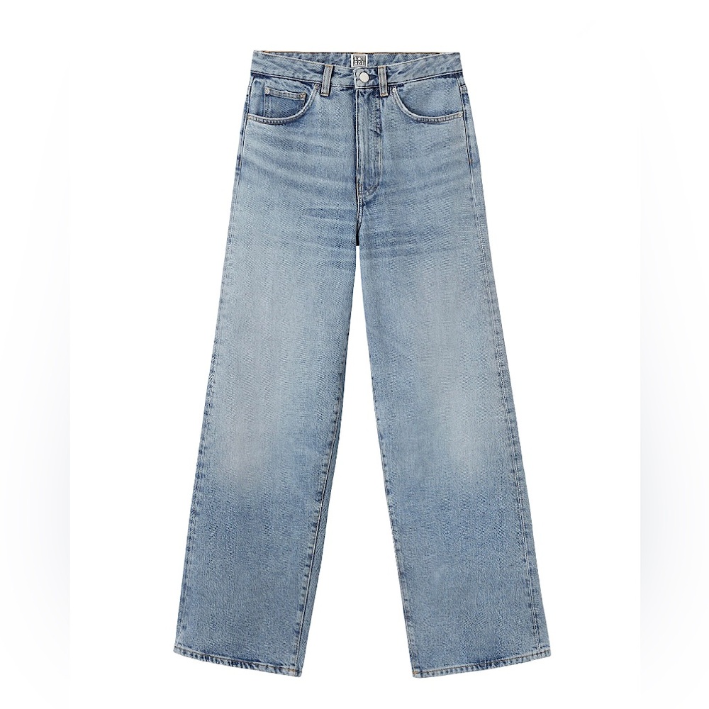 TOTEME ORGANIC COTTON HIGH WAISTED CROPPED FLARE LEG JEANS Worn Blue 25